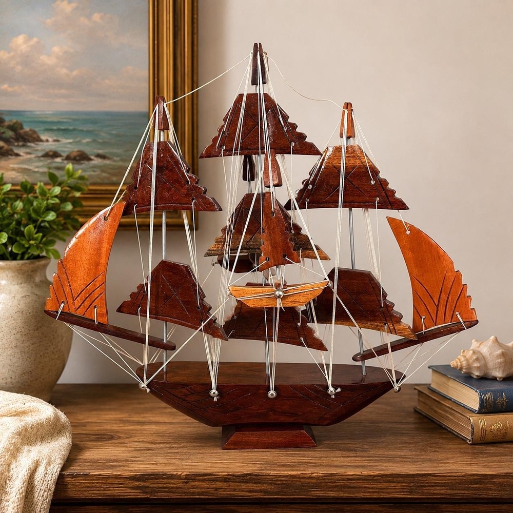 VTG Wooden Sailboat Sculpture MCM  Nautical Danish Coastal Wood Ship Art 14 Inch